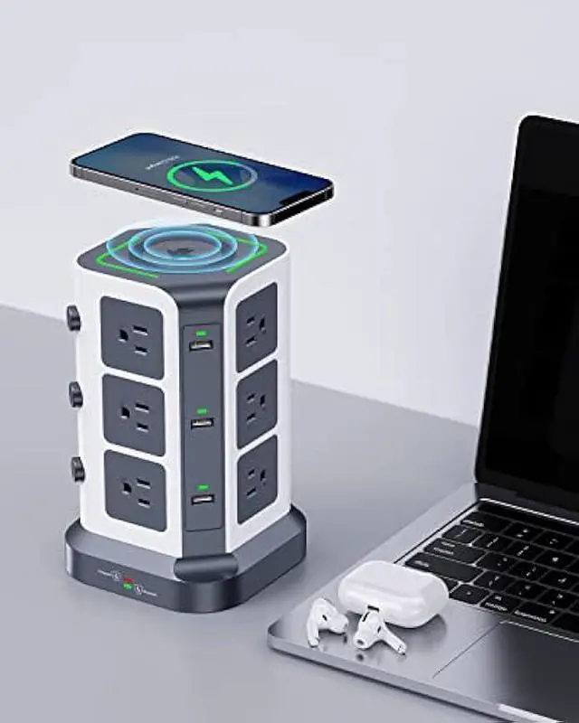Alt view image 3 of 7 - KOOSLA Power Strip Tower, 15W Wireless Charger Surge Protector - 12 AC Multiple Outlets & 6 USB Ports, 6.5ft Extension Cord Charging Station for Office Supplies, Desk Accessories, Dorm Essentials
