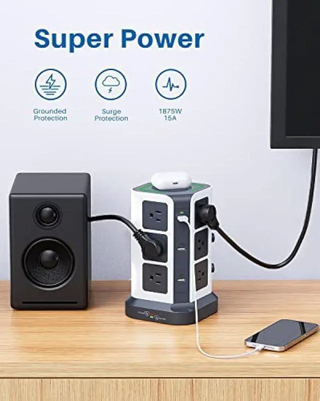 Alt view image 6 of 7 - KOOSLA Power Strip Tower, 15W Wireless Charger Surge Protector - 12 AC Multiple Outlets & 6 USB Ports, 6.5ft Extension Cord Charging Station for Office Supplies, Desk Accessories, Dorm Essentials