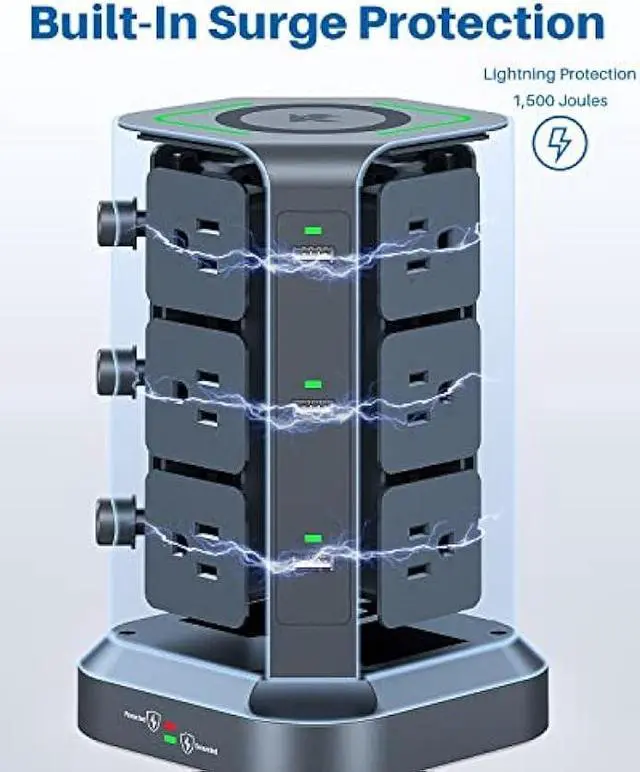 Alt view image 5 of 7 - KOOSLA Power Strip Tower, 15W Wireless Charger Surge Protector - 12 AC Multiple Outlets & 6 USB Ports, 6.5ft Extension Cord Charging Station for Office Supplies, Desk Accessories, Dorm Essentials