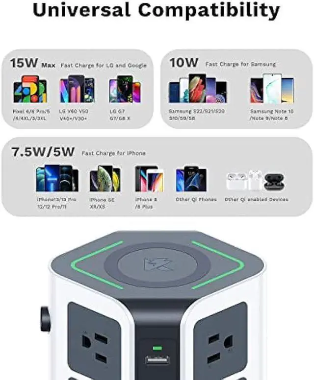 Alt view image 7 of 7 - KOOSLA Power Strip Tower, 15W Wireless Charger Surge Protector - 12 AC Multiple Outlets & 6 USB Ports, 6.5ft Extension Cord Charging Station for Office Supplies, Desk Accessories, Dorm Essentials
