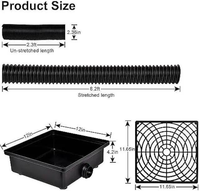 Alt view image 2 of 5 - Catch Basin Gutter Downspout Extensions, 12×12 Low Profile Catch Basin Downspout Extender with 2 ID Flexible Pipe, No Deep Dig Needed, Rainwater Diverter, Pipe Stretched Length 8.2ft