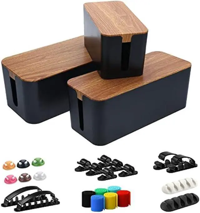 Main image of Cable Management Box Set - 3 Pack Large & Medium & Small Wooden Style Cable Organizer Box Desk Computer Cord Organizer Box with Cable Clips to Hide Wires and Power Strips (Black)