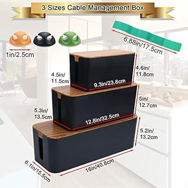 Alt view image 6 of 7 - Cable Management Box Set - 3 Pack Large & Medium & Small Wooden Style Cable Organizer Box Desk Computer Cord Organizer Box with Cable Clips to Hide Wires and Power Strips (Black)