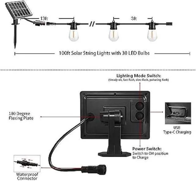 Alt view image 2 of 6 - SUNTHIN 100ft Solar String Light Outdoor, USB Rechargeable Patio Solar Outdoor Lights with Waterproof & Shatterproof 30 LED Bulbs for Backyard, Porch, Garden, Pool, Party, Camping