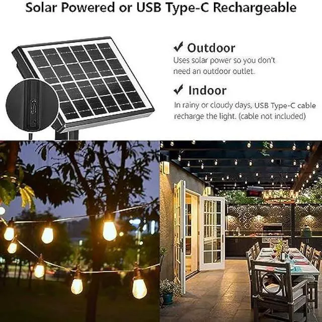 Alt view image 4 of 6 - SUNTHIN 100ft Solar String Light Outdoor, USB Rechargeable Patio Solar Outdoor Lights with Waterproof & Shatterproof 30 LED Bulbs for Backyard, Porch, Garden, Pool, Party, Camping
