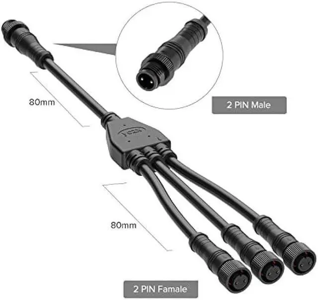 Alt view image 2 of 6 - BTF-LIGHTING 2 Core 2 pin Small Size IP68 Y Shape 1 Male-Divided-3 Female Spillter Connctor Black Plastics 18AWG 15mm Metal Metal Nut Support All BTF-LIGHTING 2 pin Connector