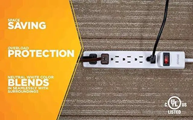 Alt view image 3 of 6 - Woods 41436 Power Strip with 6 Outlets and Overload Safety Switch, 8 Foot Cord, White