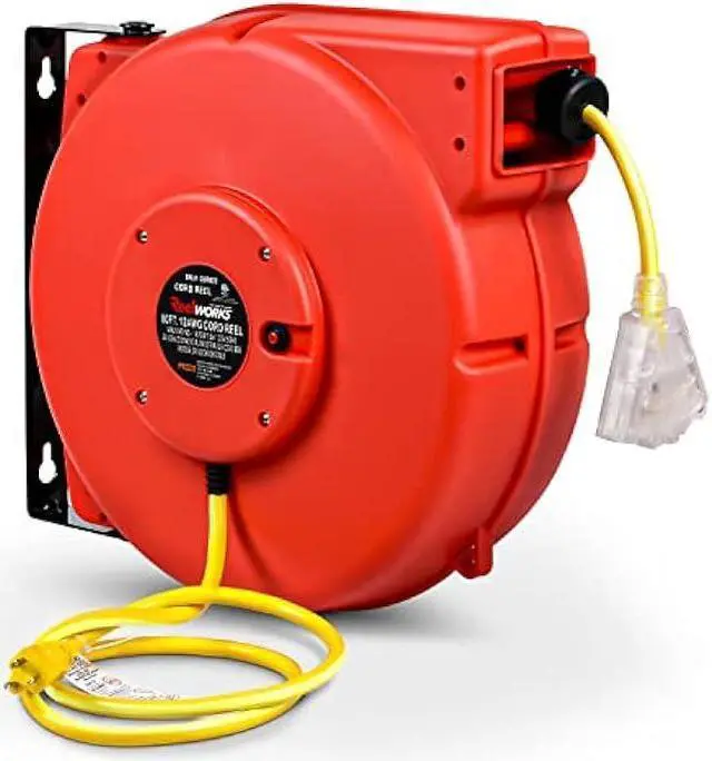 Main image of ReelWorks Extension Cord Reel Retractable Longest Industrial 12awg x 80' Foot Commercial Premium Grade Ultra Flexible 3C/SJTOW Glow Strip Cable and Led Light Up Triple Tap Connector Use Indoor/Outdoor