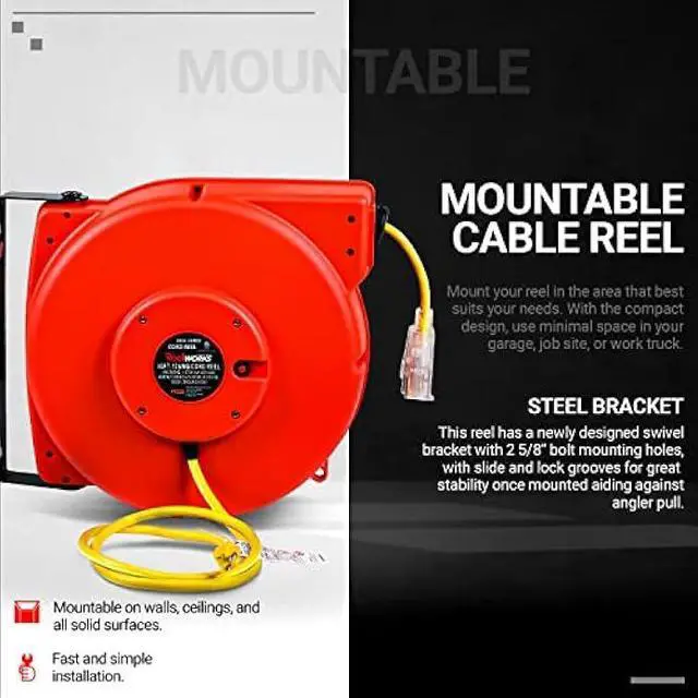 Alt view image 5 of 5 - ReelWorks Extension Cord Reel Retractable Longest Industrial 12awg x 80' Foot Commercial Premium Grade Ultra Flexible 3C/SJTOW Glow Strip Cable and Led Light Up Triple Tap Connector Use Indoor/Outdoor