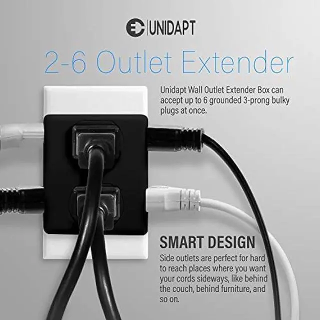 Alt view image 2 of 7 - Multi Plug Outlet Splitter, Unidapt Multiple Outlet Extender Box with 6 Electrical Outlets, Wall Tap Power Plug Expander for Home Office Hotel Dorm Essentials, 2-Pack Black
