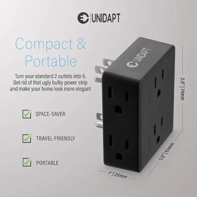 Alt view image 3 of 7 - Multi Plug Outlet Splitter, Unidapt Multiple Outlet Extender Box with 6 Electrical Outlets, Wall Tap Power Plug Expander for Home Office Hotel Dorm Essentials, 2-Pack Black