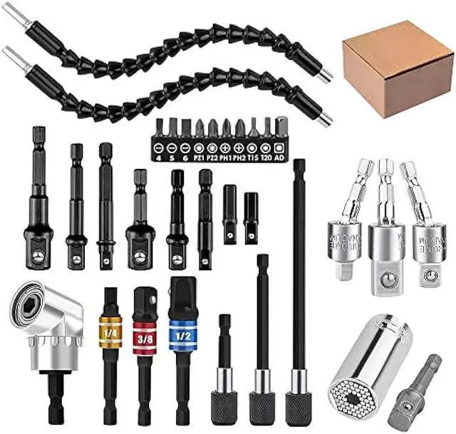 Main image of 32pcs Flexible Drill Bit Extension Set, Rotatable Joint Socket 1/4 3/8 1/2 Inch Hex Socket Adapter, 105°Right Angle Drill Attachmen, Bendable Screwdriver Kit with a Box (Black)