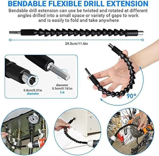 Alt view image 3 of 6 - 32pcs Flexible Drill Bit Extension Set, Rotatable Joint Socket 1/4 3/8 1/2 Inch Hex Socket Adapter, 105°Right Angle Drill Attachmen, Bendable Screwdriver Kit with a Box (Black)