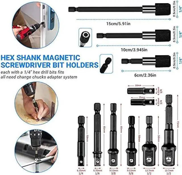 Alt view image 4 of 6 - 32pcs Flexible Drill Bit Extension Set, Rotatable Joint Socket 1/4 3/8 1/2 Inch Hex Socket Adapter, 105°Right Angle Drill Attachmen, Bendable Screwdriver Kit with a Box (Black)
