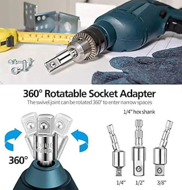 Alt view image 5 of 6 - 32pcs Flexible Drill Bit Extension Set, Rotatable Joint Socket 1/4 3/8 1/2 Inch Hex Socket Adapter, 105°Right Angle Drill Attachmen, Bendable Screwdriver Kit with a Box (Black)