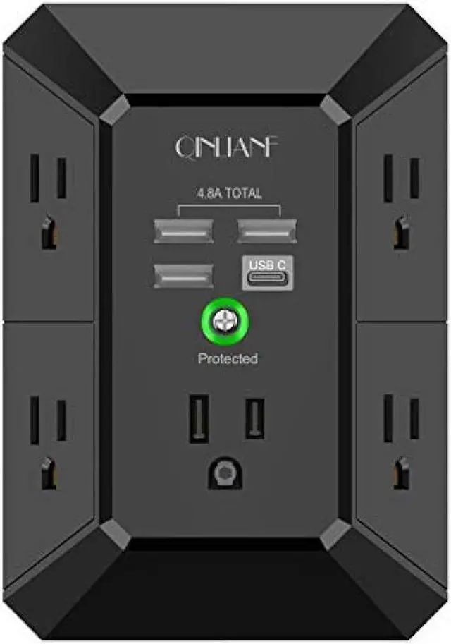 Main image of USB Wall Charger, Surge Protector, QINLIANF 5 Outlet Extender with 4 USB Charging Ports (4.8A Total) 3-Sided 1680J Power Strip Multi Plug Outlets Wall Adapter Spaced for Home Travel Office, Black