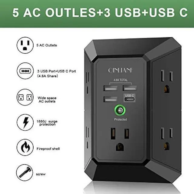 Alt view image 2 of 5 - USB Wall Charger, Surge Protector, QINLIANF 5 Outlet Extender with 4 USB Charging Ports (4.8A Total) 3-Sided 1680J Power Strip Multi Plug Outlets Wall Adapter Spaced for Home Travel Office, Black