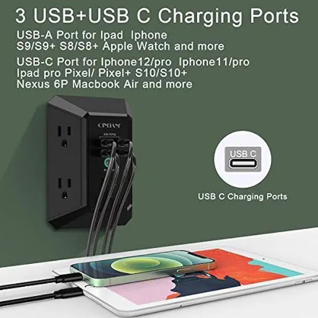 Alt view image 5 of 5 - USB Wall Charger, Surge Protector, QINLIANF 5 Outlet Extender with 4 USB Charging Ports (4.8A Total) 3-Sided 1680J Power Strip Multi Plug Outlets Wall Adapter Spaced for Home Travel Office, Black