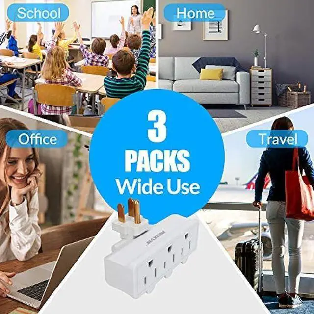 Alt view image 4 of 7 - 3-Outlet Plug Extender, Multi Outlet Wall Plug (3 Pack), 180 Degree Swivel Outlet Extender Wall Tap with 3-Prong Grounded Outlet Plug, ETL Listed AC Outlet Adapter, White