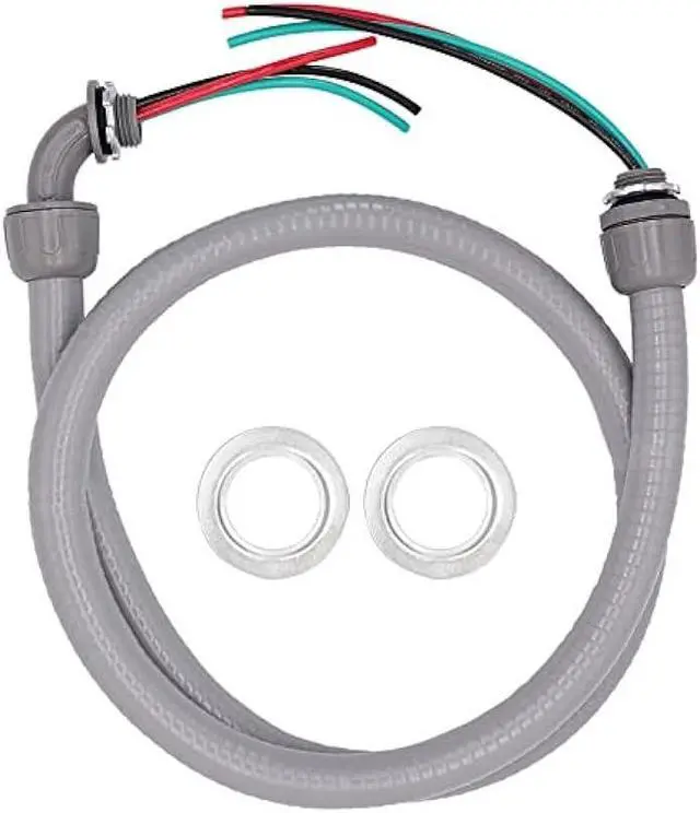 Main image of 4FT 1/2-Inch Electrical AC Whip Kit,Nonmetallic Liquid Tight Flexible Electrical Conduit,6FT of Connecting Wires 3-Conductor 10-Gauge Wires with Straight/90 Degree Fittings