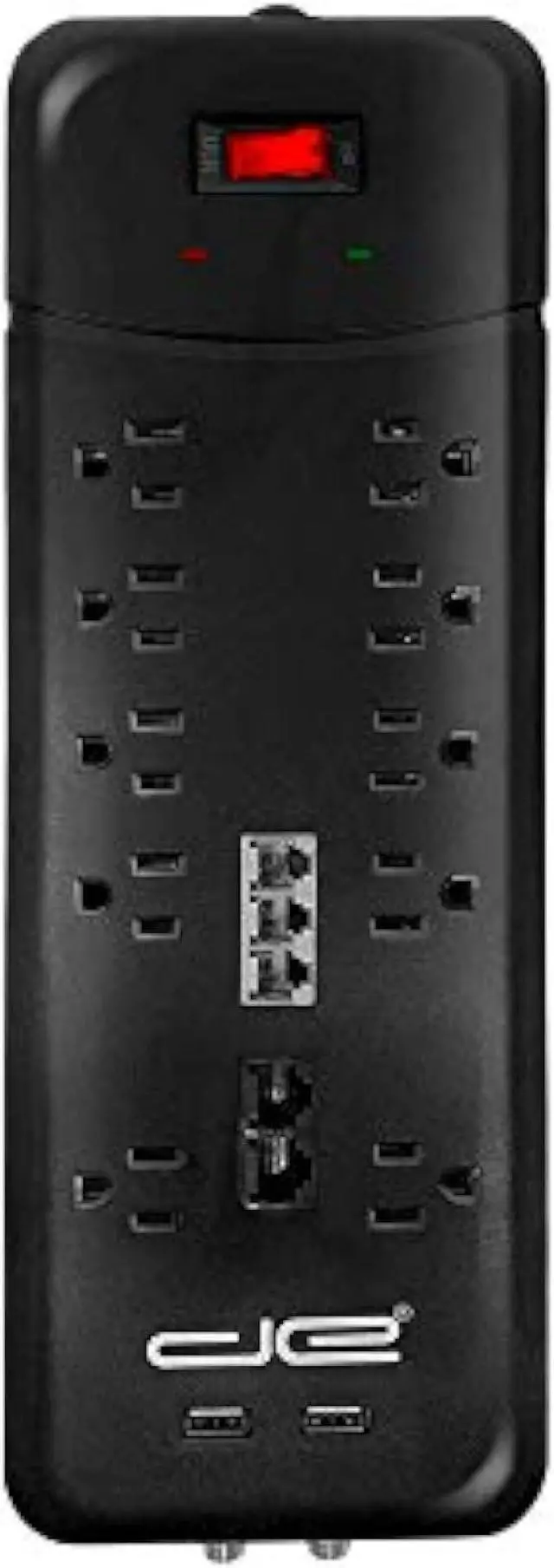 Alt view image 4 of 5 - Digital Energy 10-Outlet Flat Plug 3500 Joules Heavy Duty Surge Protector Power Strip, 8 Foot Long Extension Cord, Two USB Charging Ports, Coaxial, Phone Protection, ETL Listed, 15 AMP, 8 FT, Black