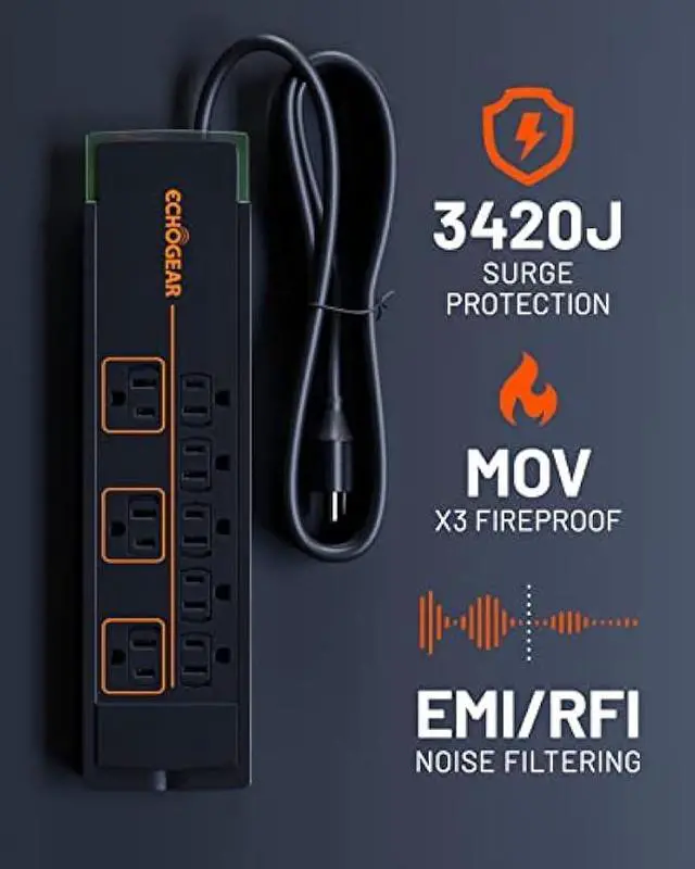 Alt view image 2 of 6 - ECHOGEAR ShockBlocker 8 Outlet Surge Protector Power Strip - Slim Design Can Power & Protect Your Entire TV, Office, Or Gaming Setup - Advanced Surge Suppressor with 3420 Joules of Protection