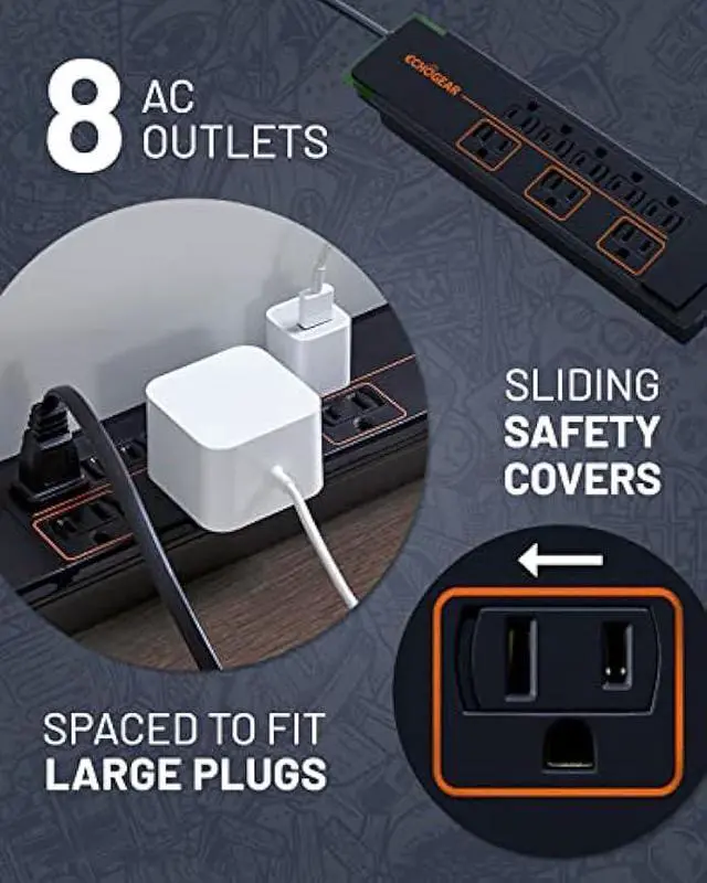 Alt view image 3 of 6 - ECHOGEAR ShockBlocker 8 Outlet Surge Protector Power Strip - Slim Design Can Power & Protect Your Entire TV, Office, Or Gaming Setup - Advanced Surge Suppressor with 3420 Joules of Protection
