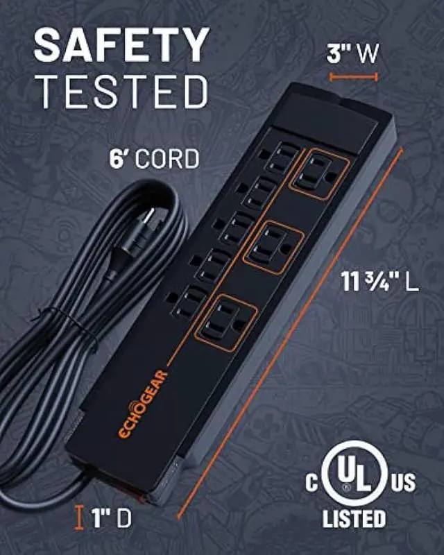Alt view image 6 of 6 - ECHOGEAR ShockBlocker 8 Outlet Surge Protector Power Strip - Slim Design Can Power & Protect Your Entire TV, Office, Or Gaming Setup - Advanced Surge Suppressor with 3420 Joules of Protection