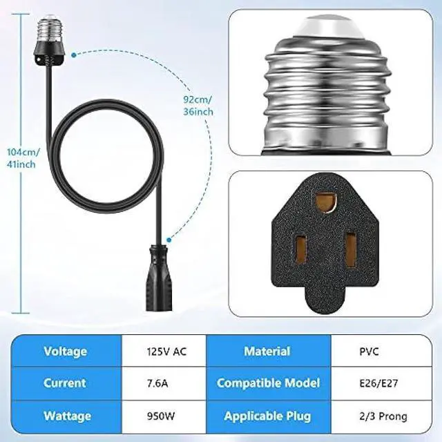 Alt view image 2 of 6 - 3 Outlet Light Socket Adapter, Convert E26/E27 Bulb Socket to 3 Prong Outlet with Extension Cord, Flexible Light Socket Converter Suitable for Indoor Outdoor Porch Garage Patio Use (Black, 2 Pcs)
