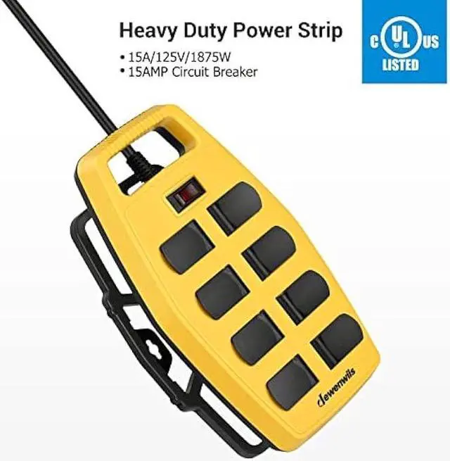 Alt view image 2 of 7 - DEWENWILS 8-Outlet Heavy Duty Power Strip with 15FT Cord, Industrial Power Strip with Detachable Cord Management, Garage Power Strip, Reset/Off Switch, Safety Cover, Wall Mountable, UL Listed