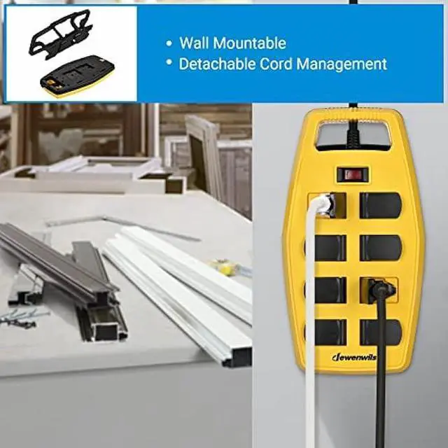Alt view image 5 of 7 - DEWENWILS 8-Outlet Heavy Duty Power Strip with 15FT Cord, Industrial Power Strip with Detachable Cord Management, Garage Power Strip, Reset/Off Switch, Safety Cover, Wall Mountable, UL Listed