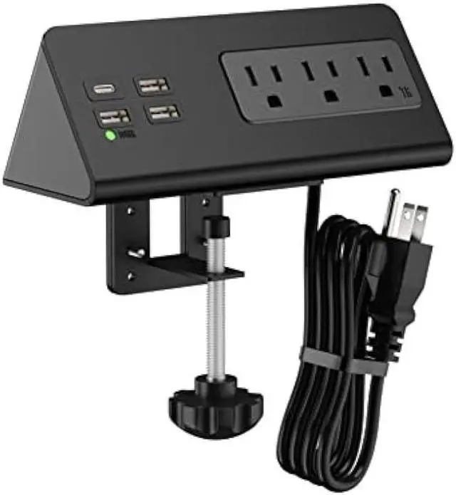 Main image of Desk Edge Clamp Mount Power Strips with 4 USB Ports(1xPD 20W USB-C Port)& 3 AC Outlets,1875 Joules Tabletop Surge Protector, Power Sockets for Office Table/Hotel Nightstands,ETL Listed (1-Pack, Black)