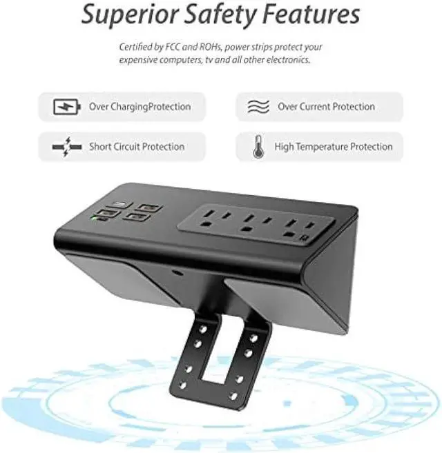 Alt view image 3 of 6 - Desk Edge Clamp Mount Power Strips with 4 USB Ports(1xPD 20W USB-C Port)& 3 AC Outlets,1875 Joules Tabletop Surge Protector, Power Sockets for Office Table/Hotel Nightstands,ETL Listed (1-Pack, Black)