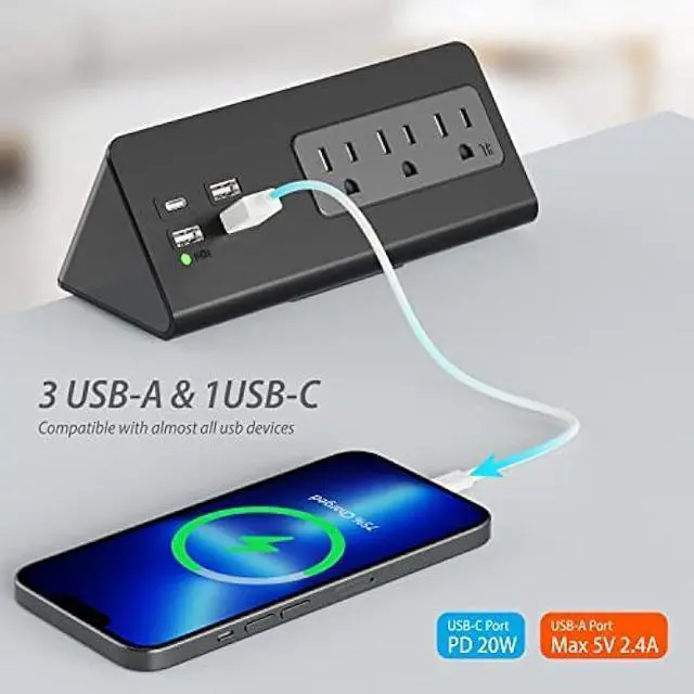 Alt view image 4 of 6 - Desk Edge Clamp Mount Power Strips with 4 USB Ports(1xPD 20W USB-C Port)& 3 AC Outlets,1875 Joules Tabletop Surge Protector, Power Sockets for Office Table/Hotel Nightstands,ETL Listed (1-Pack, Black)