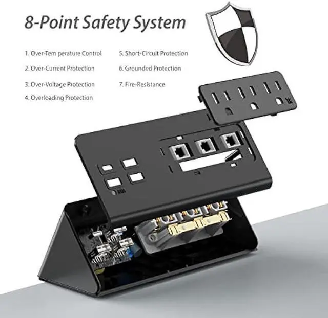Alt view image 5 of 6 - Desk Edge Clamp Mount Power Strips with 4 USB Ports(1xPD 20W USB-C Port)& 3 AC Outlets,1875 Joules Tabletop Surge Protector, Power Sockets for Office Table/Hotel Nightstands,ETL Listed (1-Pack, Black)