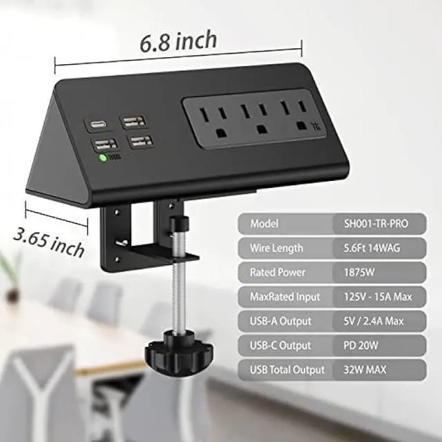 Alt view image 6 of 6 - Desk Edge Clamp Mount Power Strips with 4 USB Ports(1xPD 20W USB-C Port)& 3 AC Outlets,1875 Joules Tabletop Surge Protector, Power Sockets for Office Table/Hotel Nightstands,ETL Listed (1-Pack, Black)