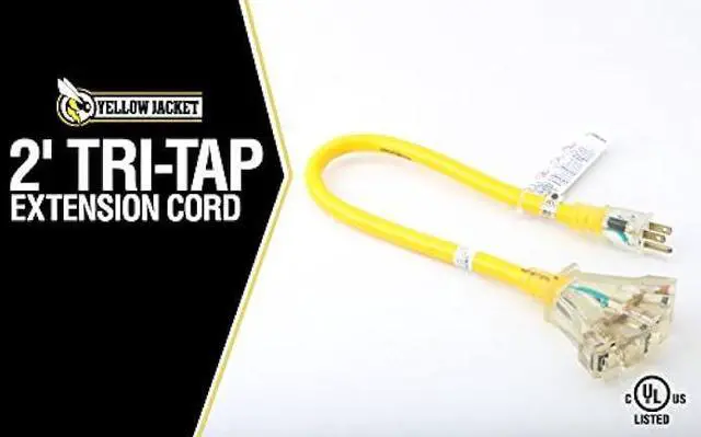 Alt view image 2 of 6 - Yellow Jacket 2882 12/3 Heavy Duty 15-Amp, 125 Volts 1875 Watts, Premium SJTW Contractor Grade 3 Outlet Extension Cord with Lighted End, 2-Feet, Yellow, UL Listed, 2 Foot,
