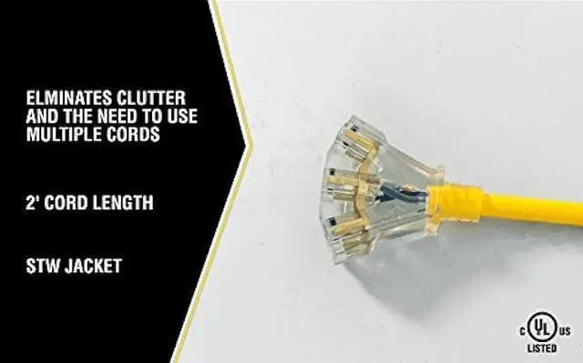 Alt view image 5 of 6 - Yellow Jacket 2882 12/3 Heavy Duty 15-Amp, 125 Volts 1875 Watts, Premium SJTW Contractor Grade 3 Outlet Extension Cord with Lighted End, 2-Feet, Yellow, UL Listed, 2 Foot,