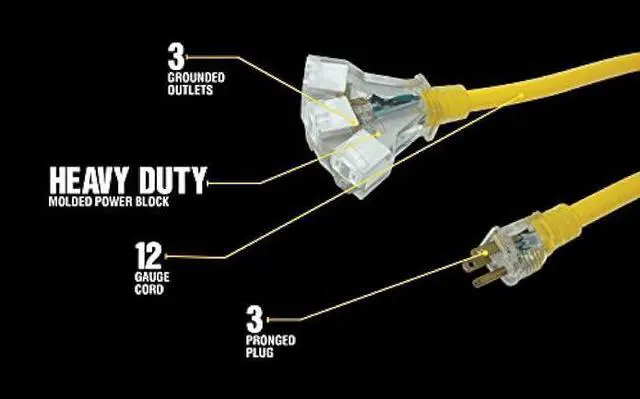 Alt view image 6 of 6 - Yellow Jacket 2882 12/3 Heavy Duty 15-Amp, 125 Volts 1875 Watts, Premium SJTW Contractor Grade 3 Outlet Extension Cord with Lighted End, 2-Feet, Yellow, UL Listed, 2 Foot,