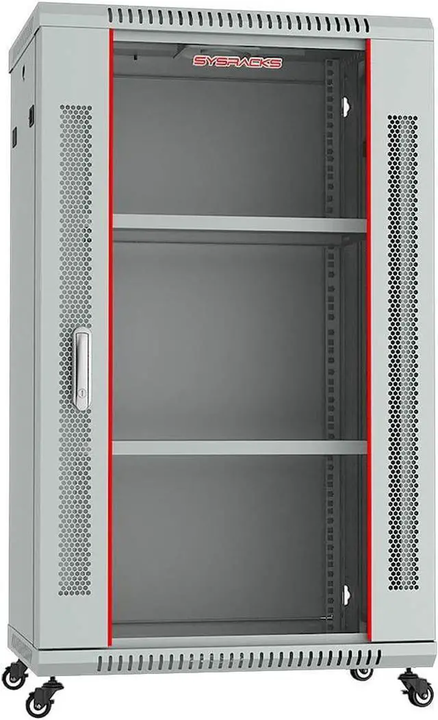 Alt view image 5 of 7 - Sysracks 18U Wall Mount Gray IT Network Av Data Server Rack Cabinet Enclosure 24 Inch Depth - 2 Shelves - 8-Way PDU - Fan - Casters - Hardware