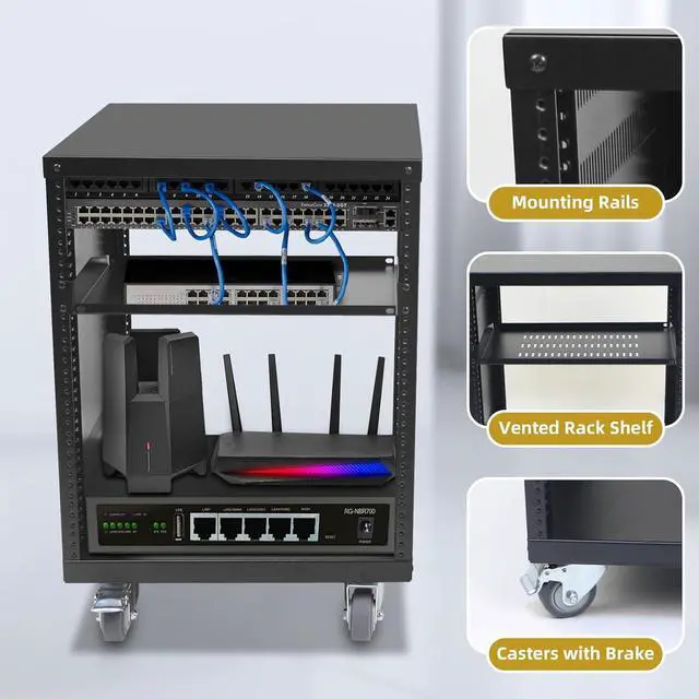 Alt view image 2 of 7 - EasyVibe 12U Open Frame Server Rack with Casters, 12U Network Cabinet with 1 Rack Shelf, Rolling Network Rack for Computer/AV/Data/IT Equipment