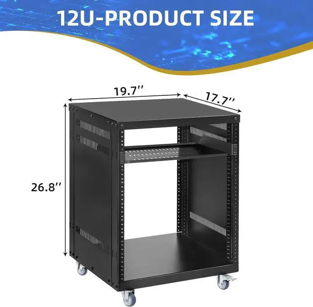 Alt view image 3 of 7 - EasyVibe 12U Open Frame Server Rack with Casters, 12U Network Cabinet with 1 Rack Shelf, Rolling Network Rack for Computer/AV/Data/IT Equipment