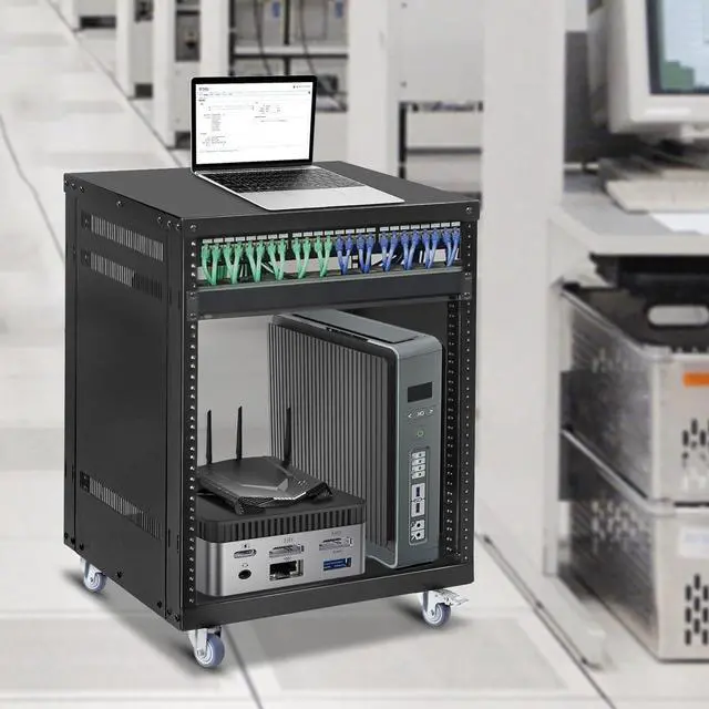 Alt view image 6 of 7 - EasyVibe 12U Open Frame Server Rack with Casters, 12U Network Cabinet with 1 Rack Shelf, Rolling Network Rack for Computer/AV/Data/IT Equipment