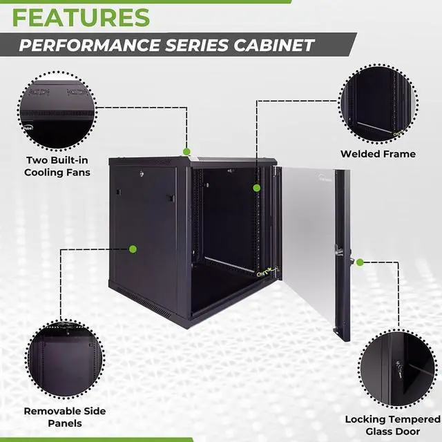 Alt view image 2 of 6 - NavePoint 12U Server Cabinet Wall Mount Rack Enclosure Includes 2 Fans, Locking Glass Door, Removable Side Panels  12U Network Cabinet 23.6 Deep, 19 Inch Server Rack for IT and A/V Equipment