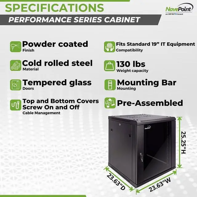 Alt view image 4 of 6 - NavePoint 12U Server Cabinet Wall Mount Rack Enclosure Includes 2 Fans, Locking Glass Door, Removable Side Panels  12U Network Cabinet 23.6 Deep, 19 Inch Server Rack for IT and A/V Equipment