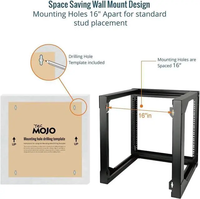 Alt view image 4 of 6 - 9U Wall Mount Rack, Server Rack,Open Frame Server Rack,Network Rack for 19inch Computer/AV/Data/IT/Media Equipment,18inch Depth,16inch Apart Mounting Holes,Swing Gate,Square and Tapped Holes