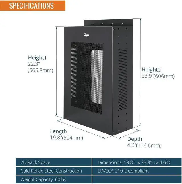 Alt view image 2 of 6 - 2U Vertical/Horizontal Wall Mountable Server Rack, with Vented Enclosure for 19" IT Equipment, Cable Modems, Telecom, A/V, Black