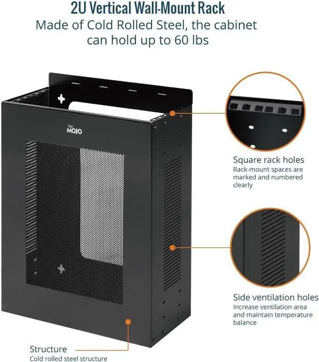 Alt view image 3 of 6 - 2U Vertical/Horizontal Wall Mountable Server Rack, with Vented Enclosure for 19" IT Equipment, Cable Modems, Telecom, A/V, Black
