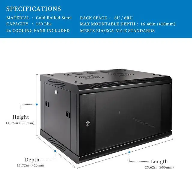 Alt view image 2 of 6 - RackPath 6U Professional Wall Mount Server Cabinet Network Rack Enclosure with 2X Quiet Cooling Fan, 1x Brush Cable Management Panel, Black