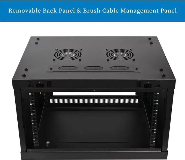 Alt view image 3 of 6 - RackPath 6U Professional Wall Mount Server Cabinet Network Rack Enclosure with 2X Quiet Cooling Fan, 1x Brush Cable Management Panel, Black